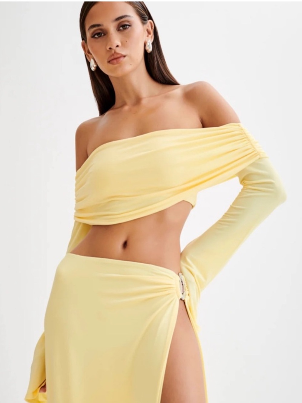NWT Meshki Camryn Slinky Off The Shoulder Crop Top Long Sleeve Yellow Medium